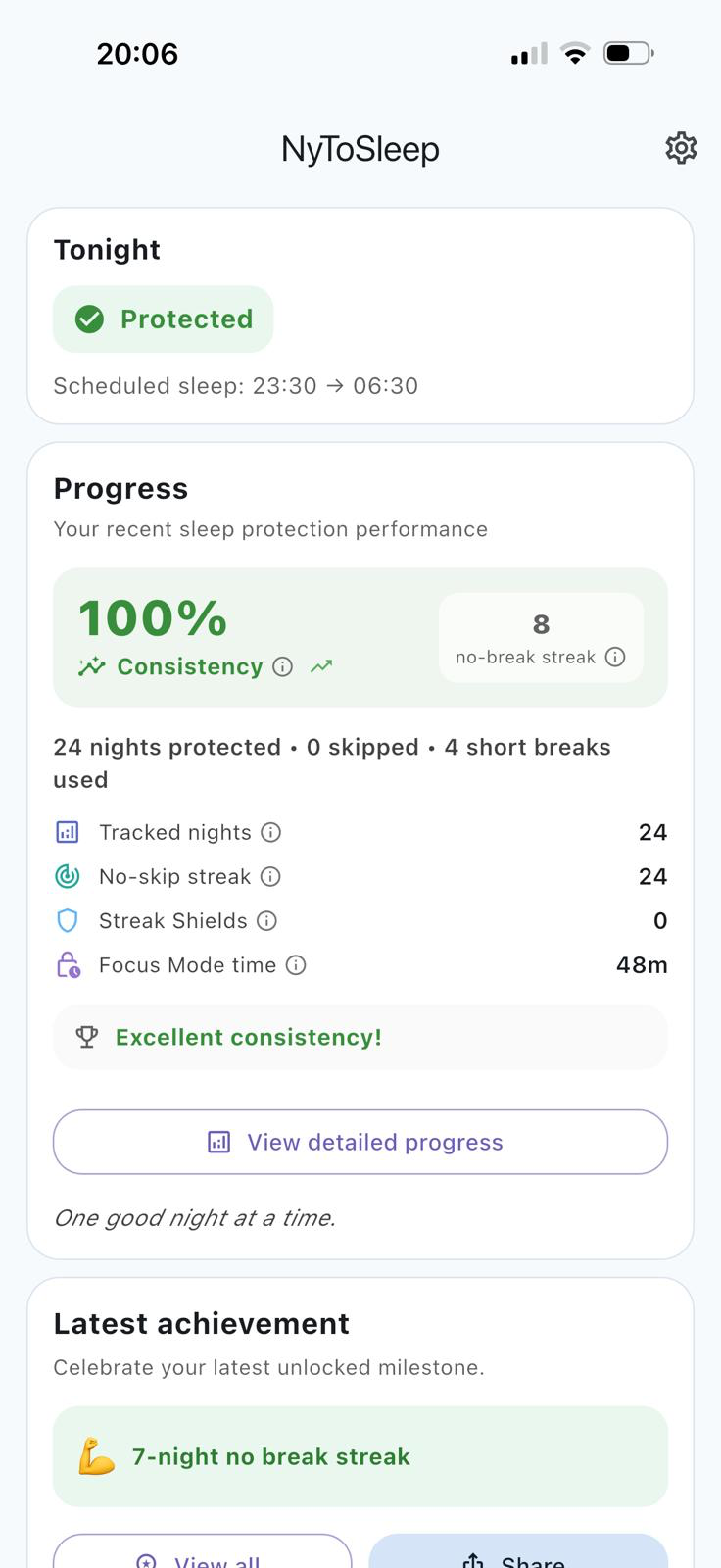 NyToSleep dashboard showing a protected sleep schedule and 100 percent consistency