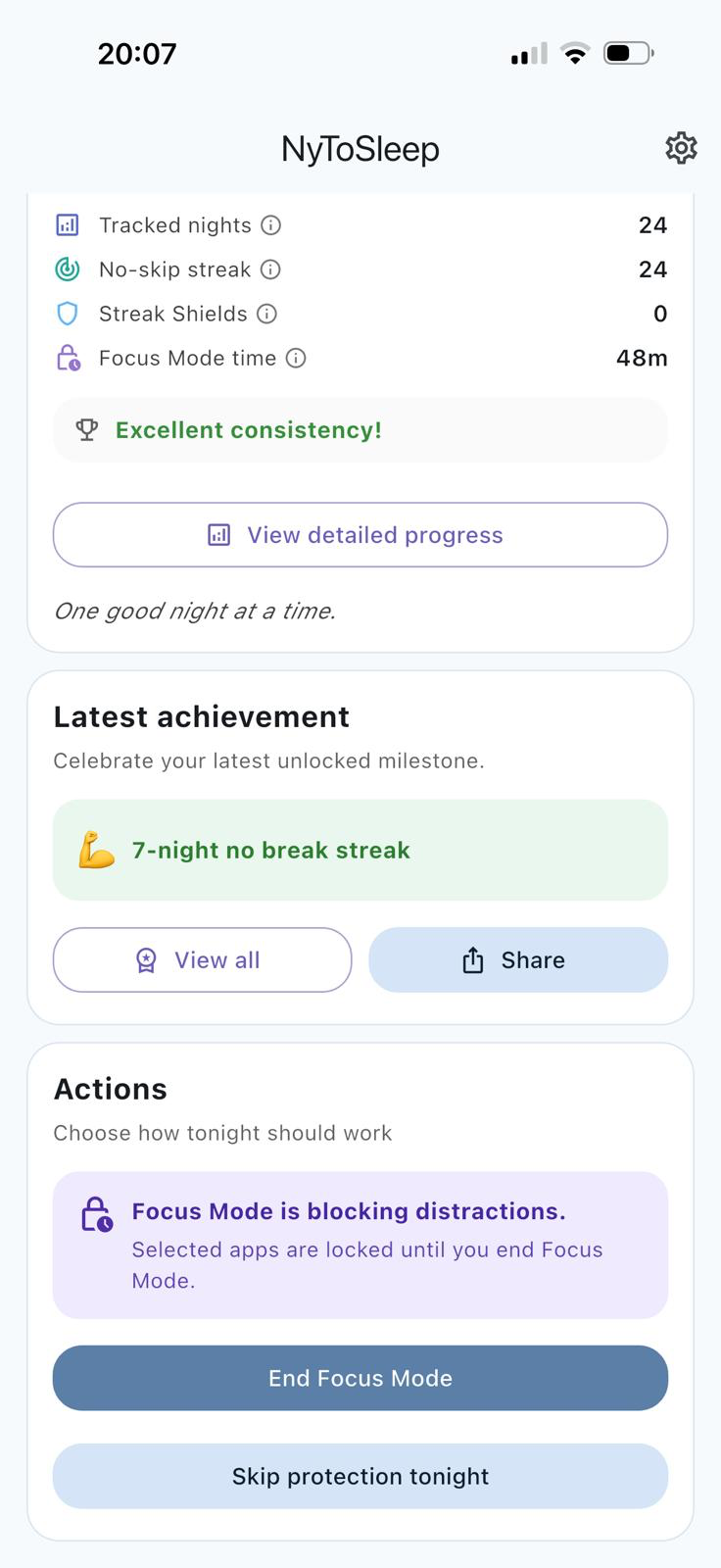 NyToSleep dashboard showing Focus Mode actively blocking selected distractions